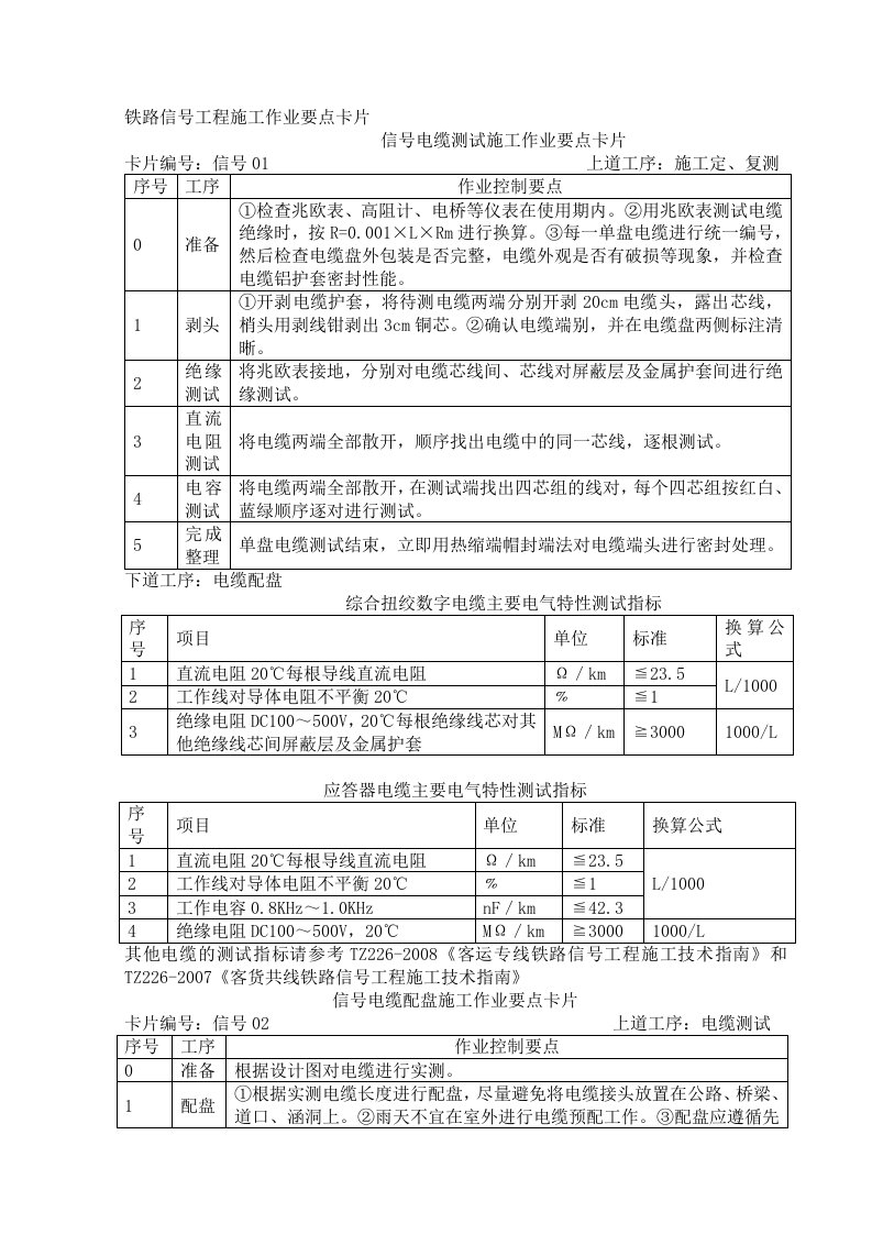 铁路信号工程施工作业要点卡片