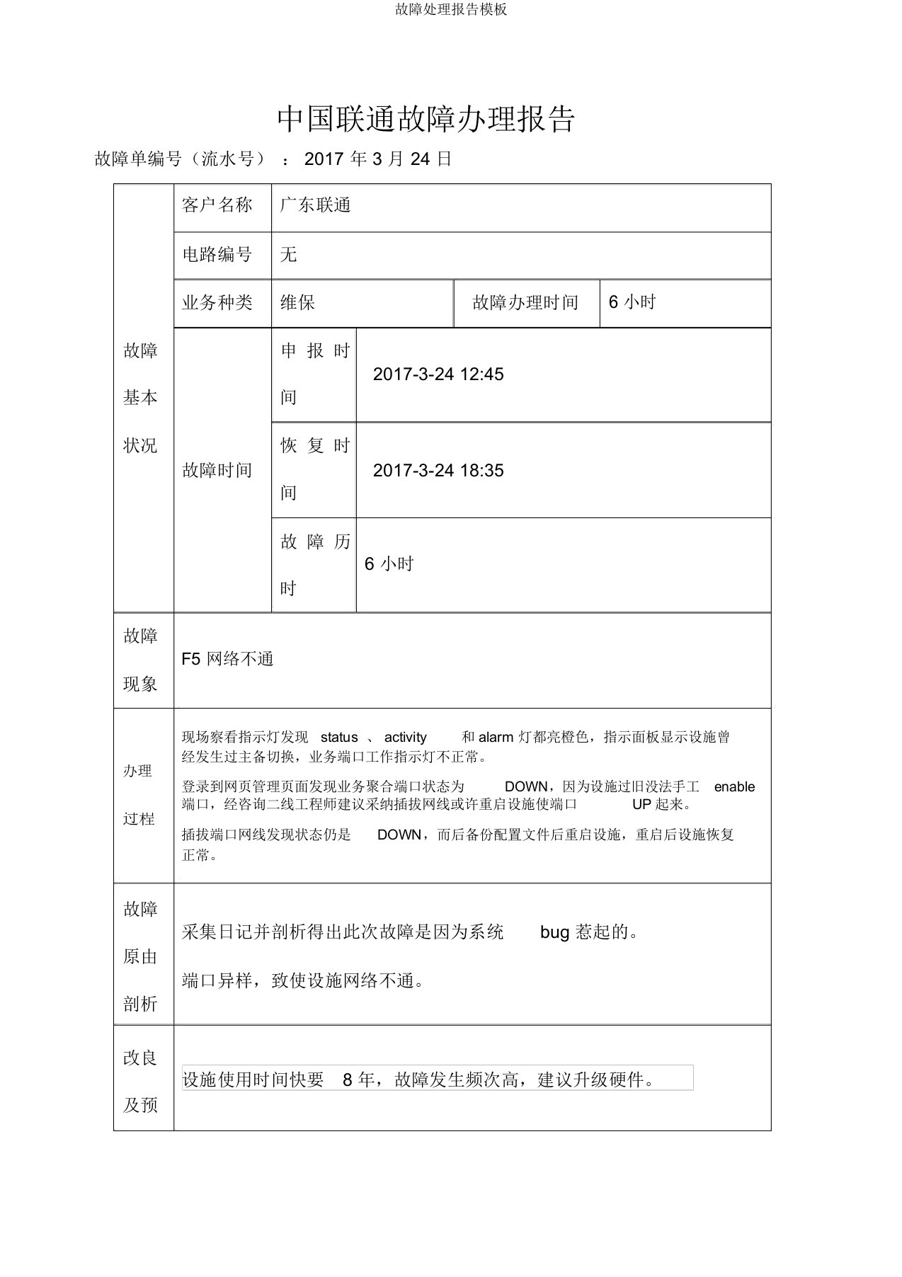 故障处理报告模板