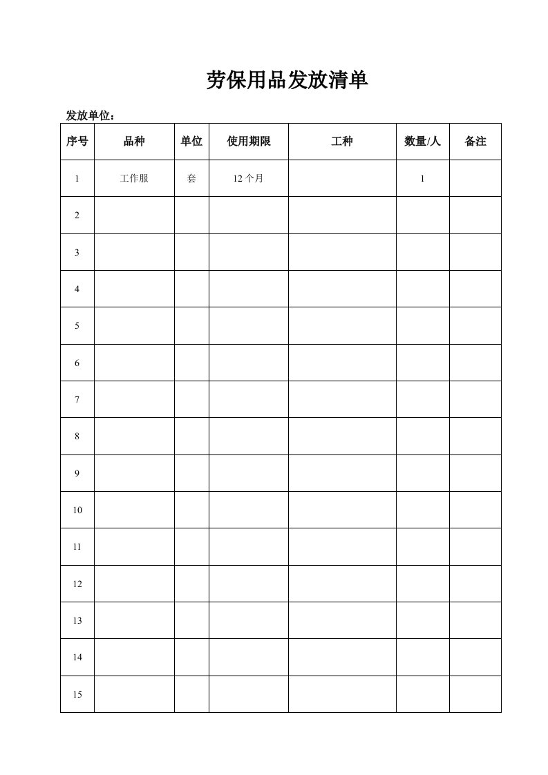 劳保用品发放清单