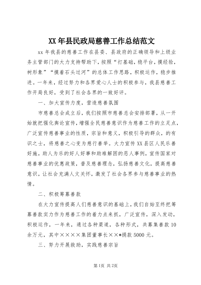 XX年县民政局慈善工作总结范文