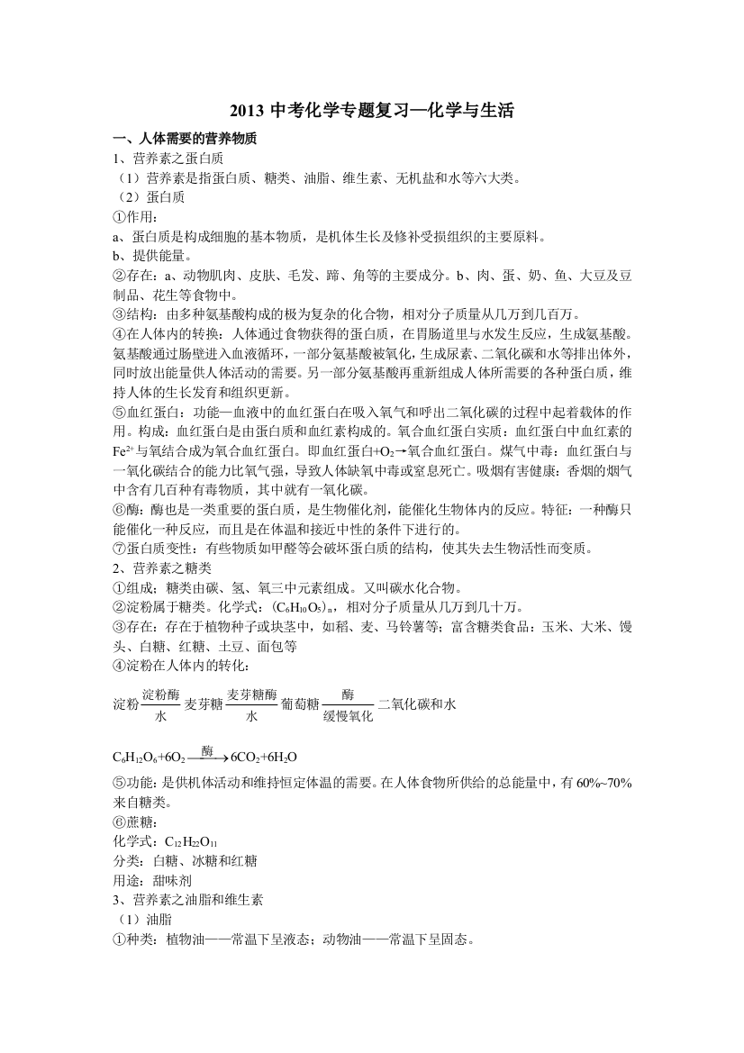 2013中考化学专题复习—化学与生活含答案