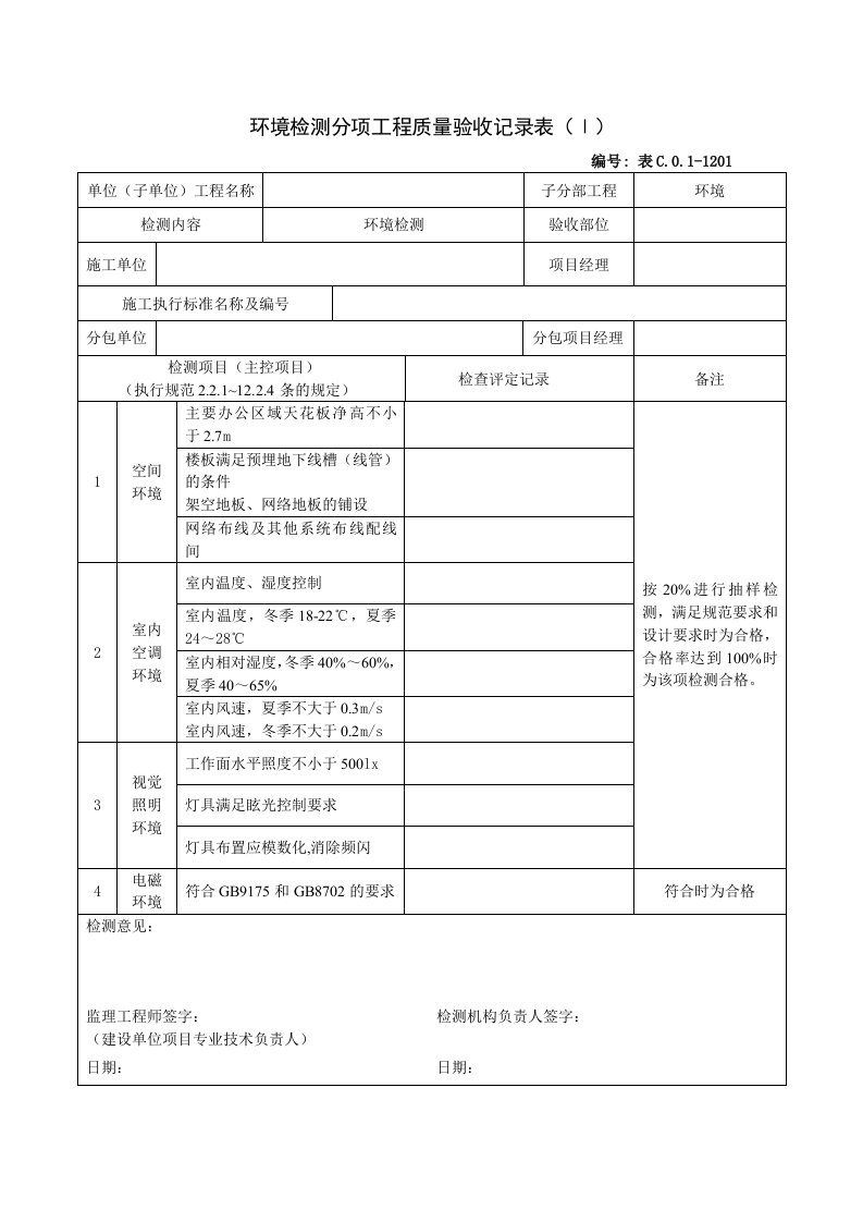 建筑工程-1201环境检测分项工程质量验收记录表Ⅰ