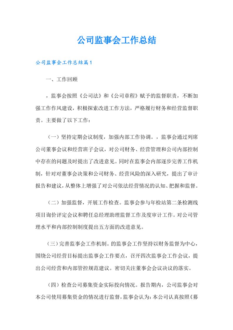 公司监事会工作总结