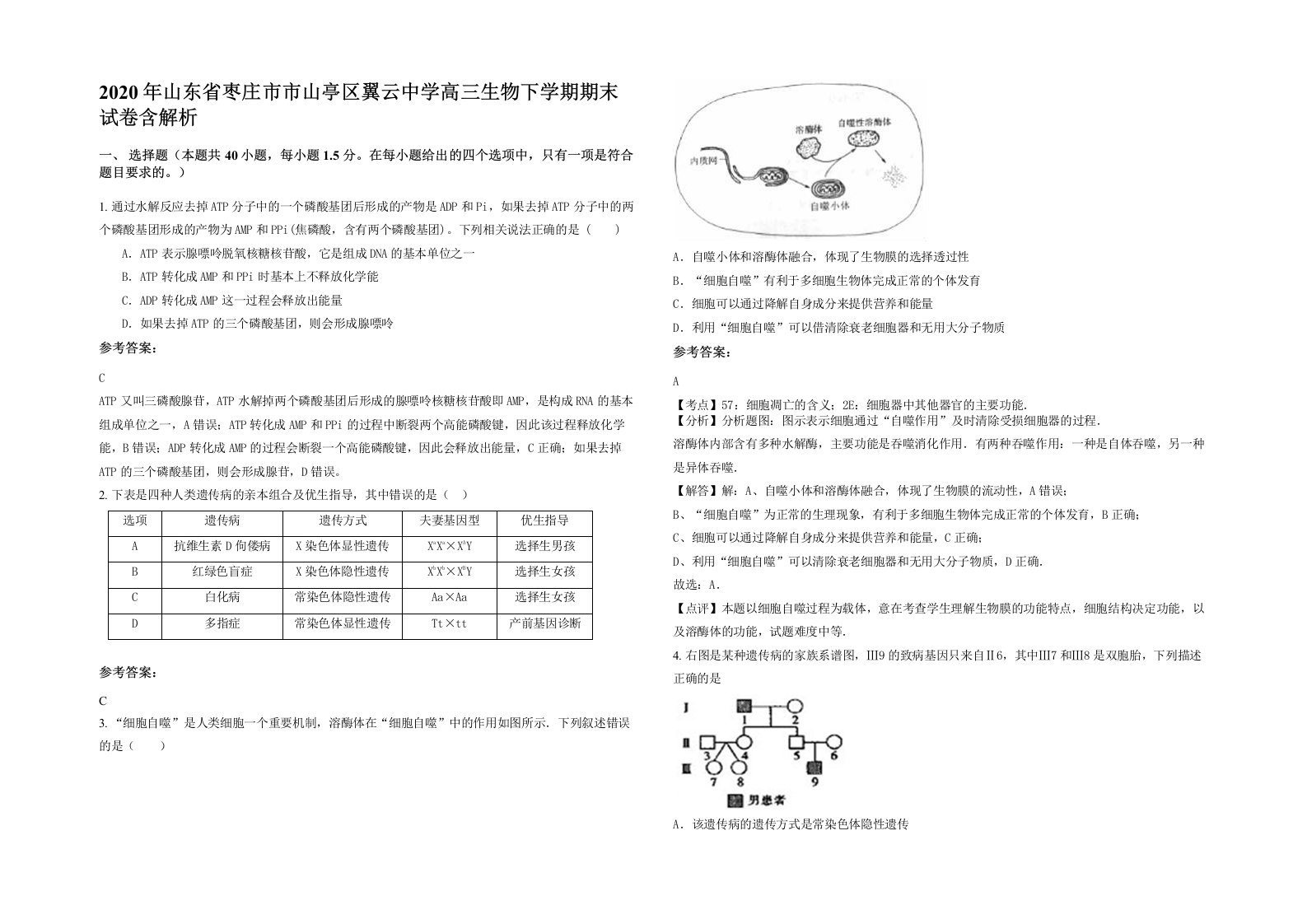 2020年山东省枣庄市市山亭区翼云中学高三生物下学期期末试卷含解析