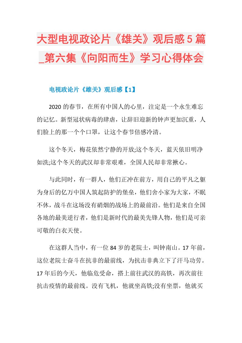 大型电视政论片《雄关》观后感5篇第六集《向阳而生》学习心得体会