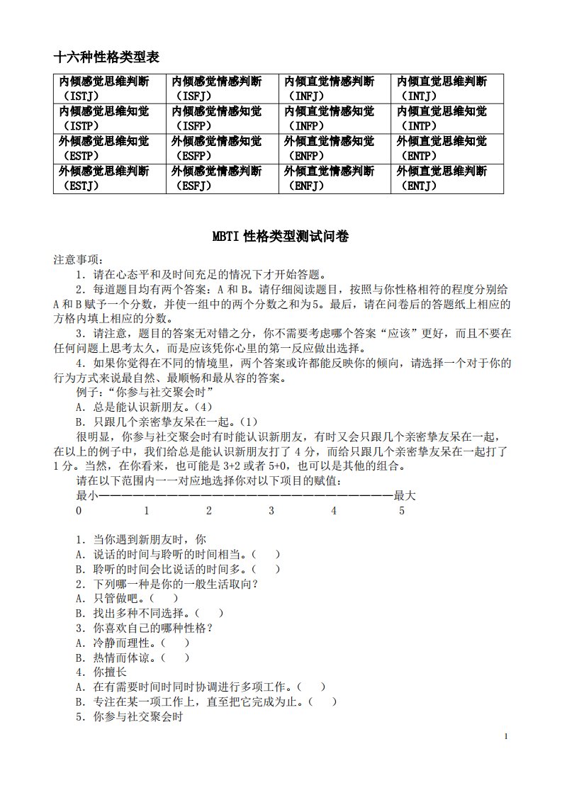 MBTI职业性格测试及解析(最完整版)