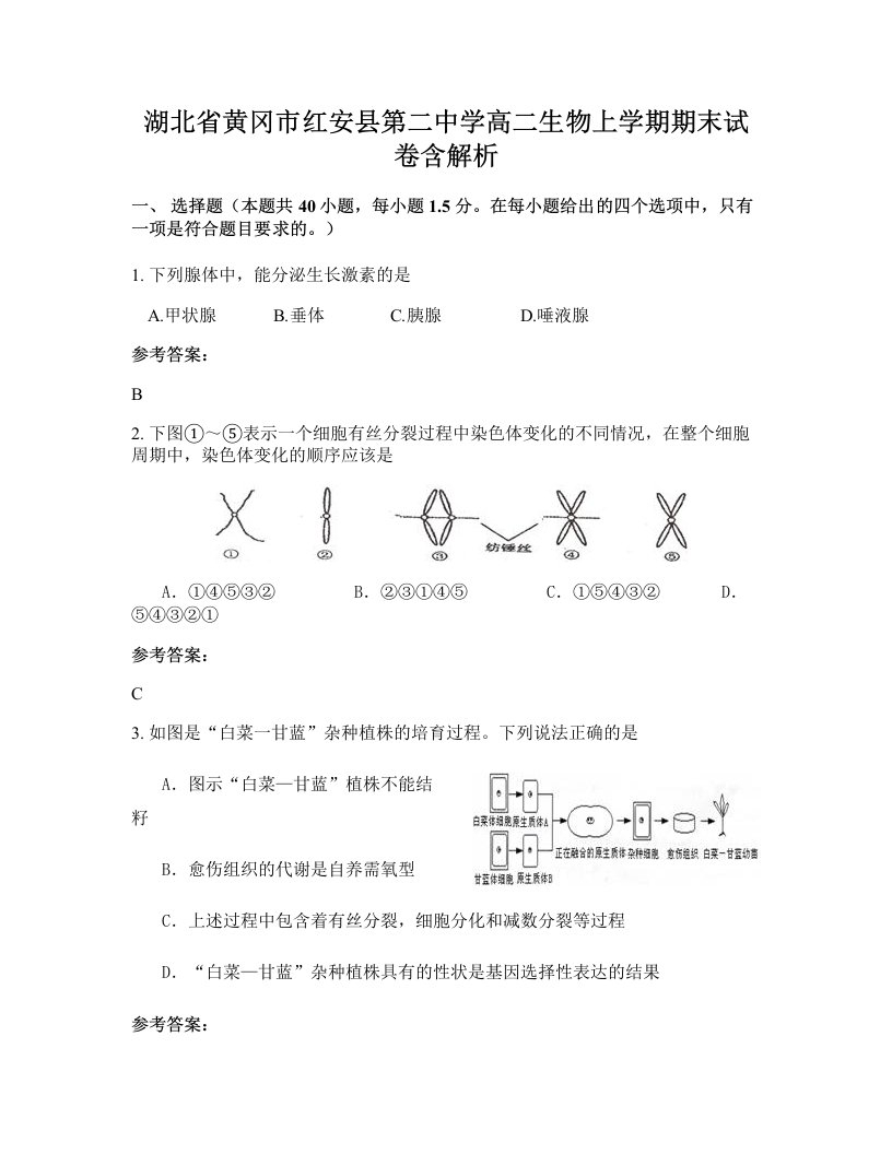 湖北省黄冈市红安县第二中学高二生物上学期期末试卷含解析