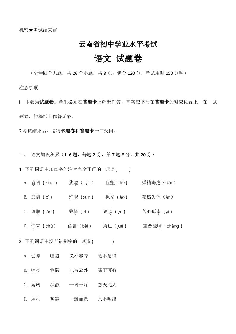 2024年云南省初中学业水平考试语文试题卷含答案