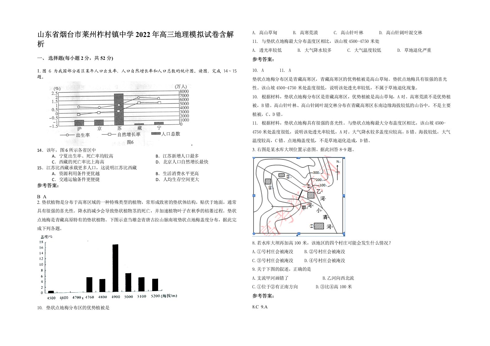 山东省烟台市莱州柞村镇中学2022年高三地理模拟试卷含解析