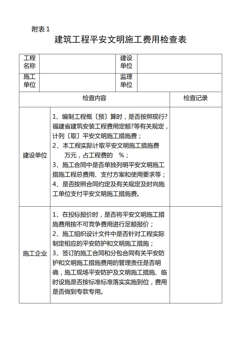 建筑工程安全文明施工费用检查表