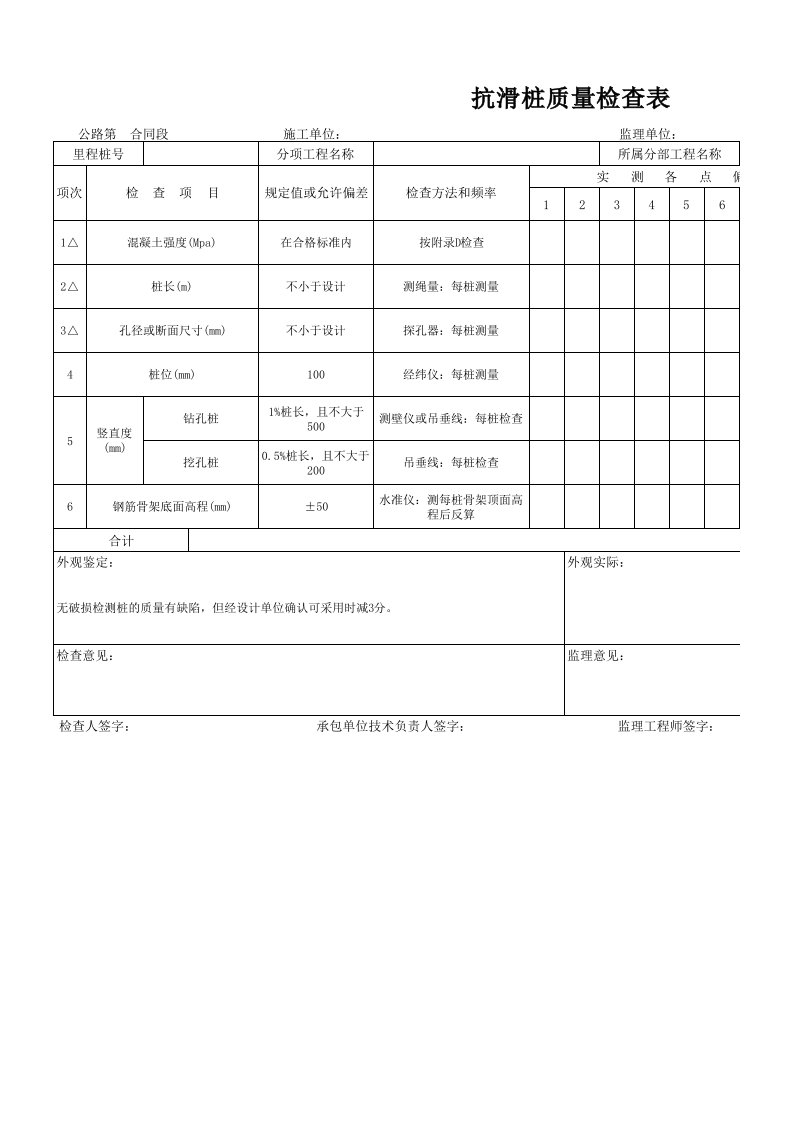 抗滑桩质量检查表