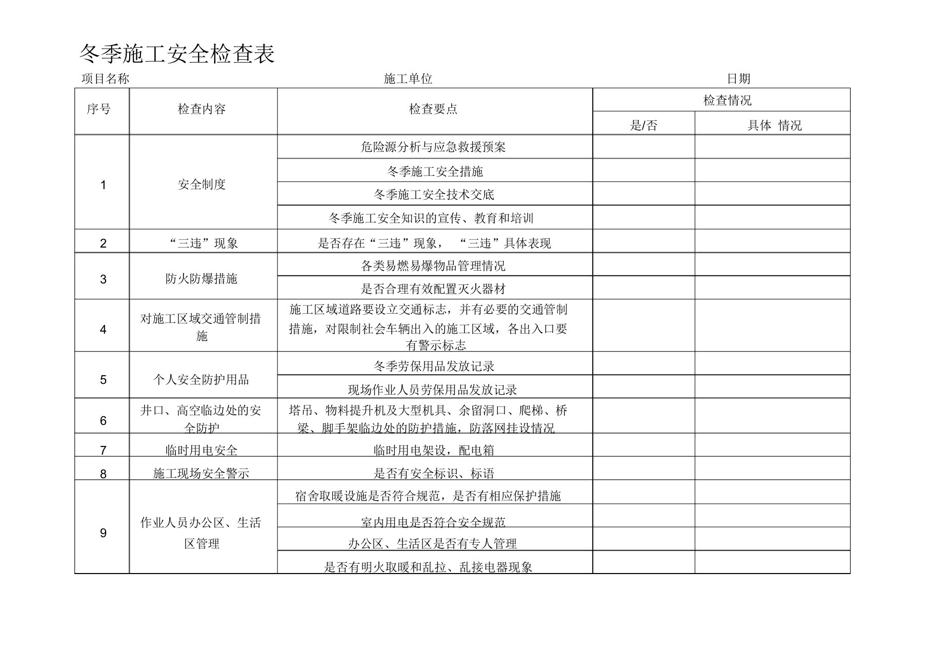 冬季施工安全检查表