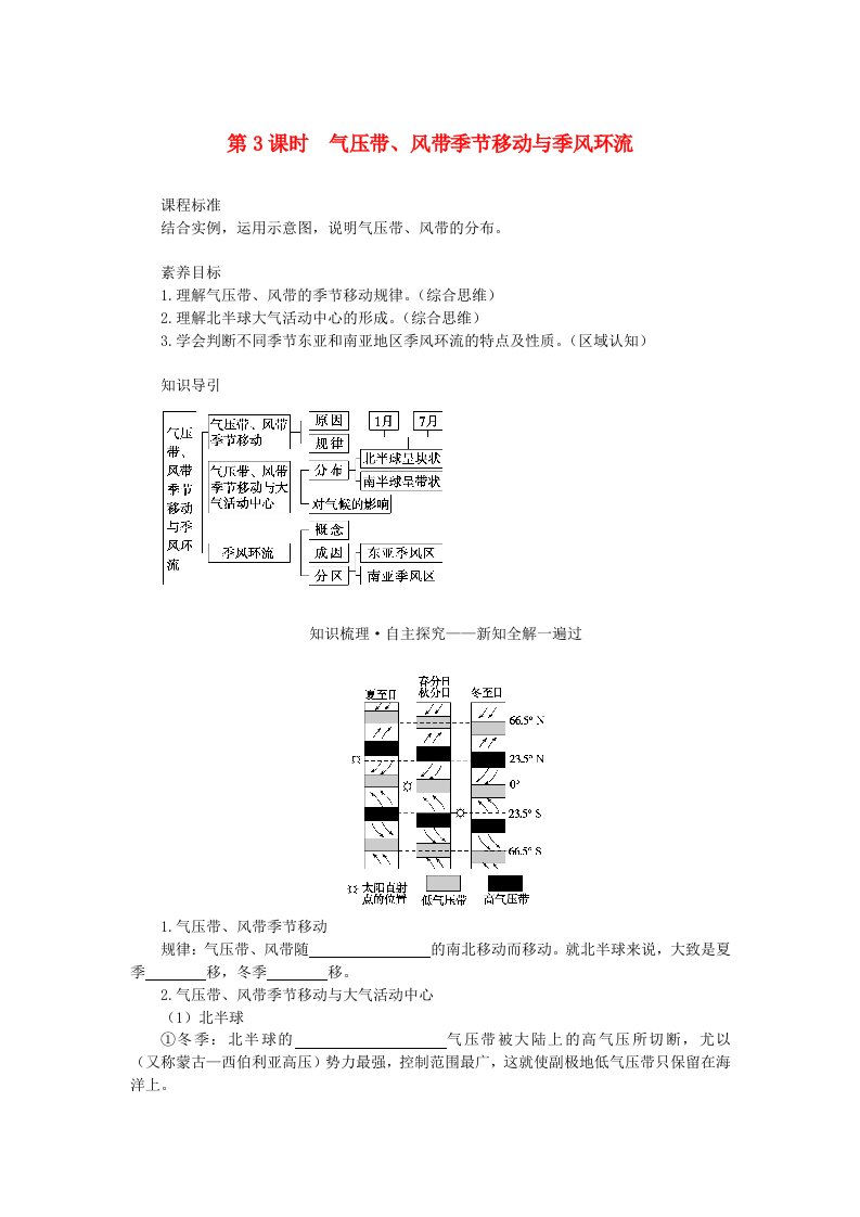 新教材2023版高中地理第三章大气的运动第一节气压带风带的形成与移动第3课时气压带风带季节移动与季风环流学生用书湘教版选择性必修1