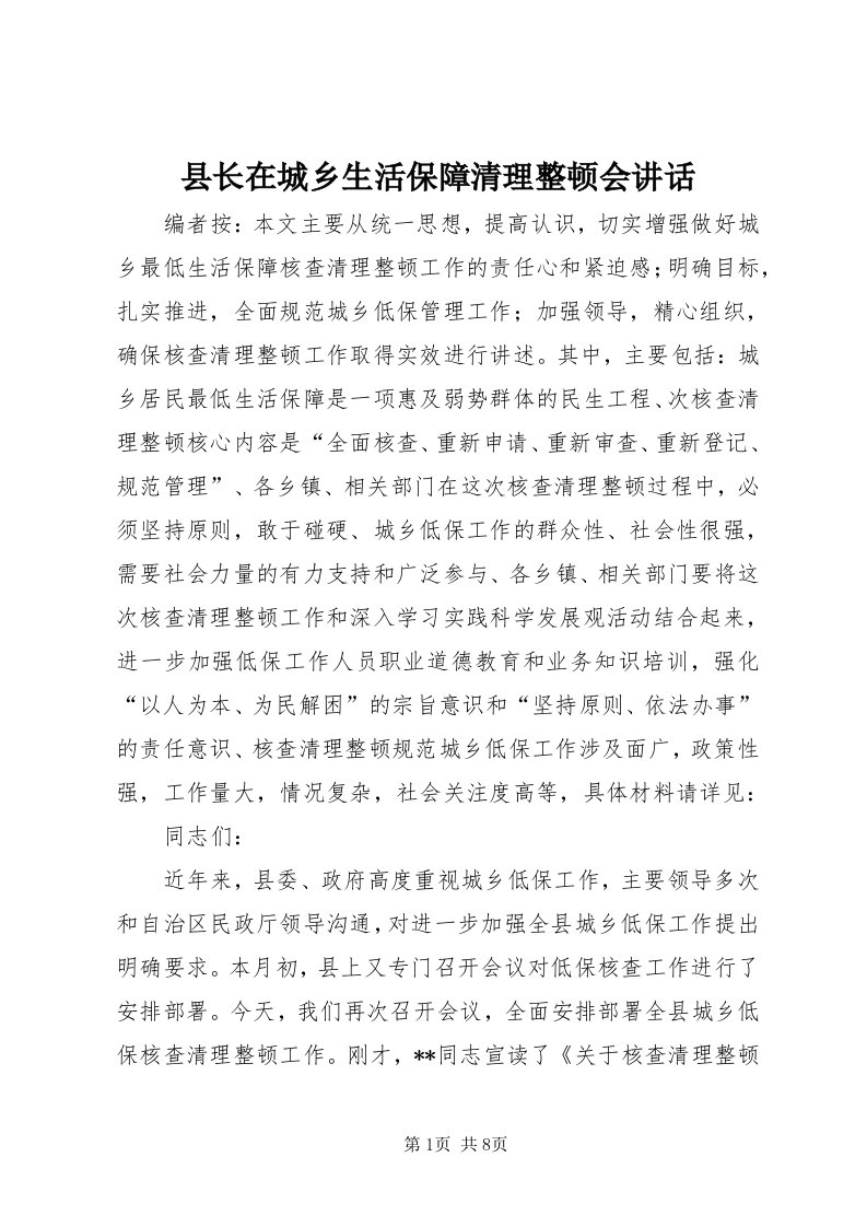 6县长在城乡生活保障清理整顿会致辞