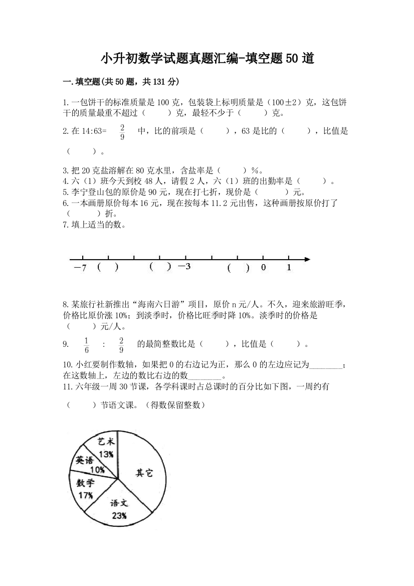 小升初数学试题真题汇编-填空题50道带答案(研优卷)