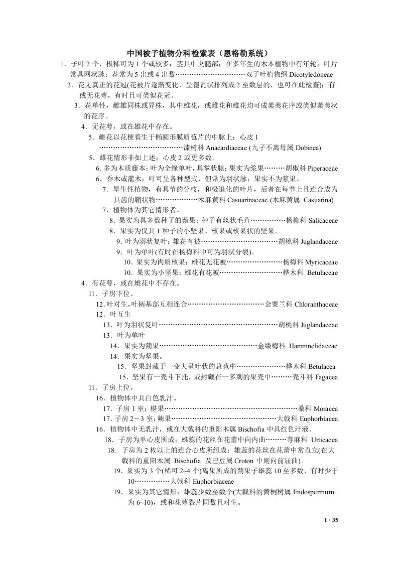 中国被子植物分科检索表(恩格勒系统)(带缩进)DOC