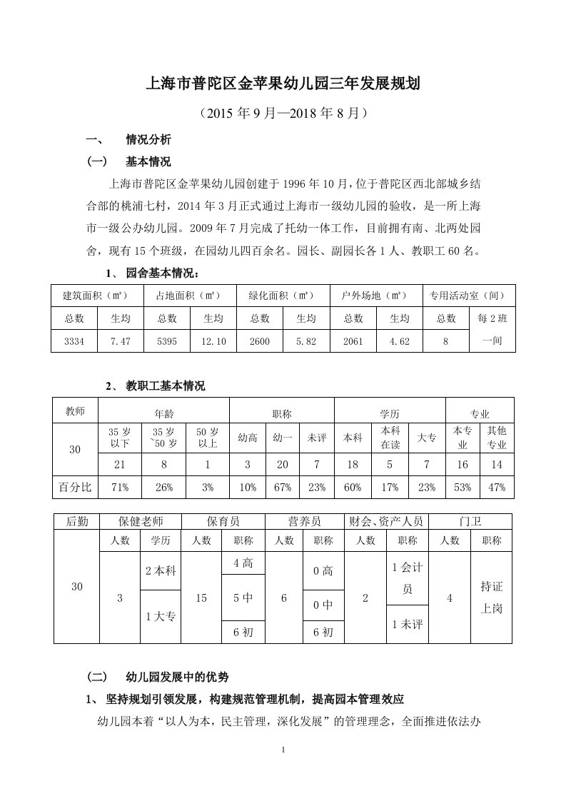 上海普陀区金苹果幼儿园三年发展规划