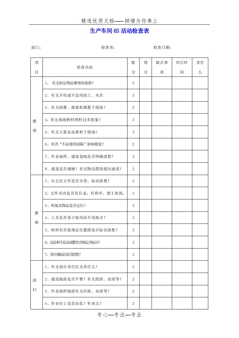 生产车间6S管理检查表(共3页)