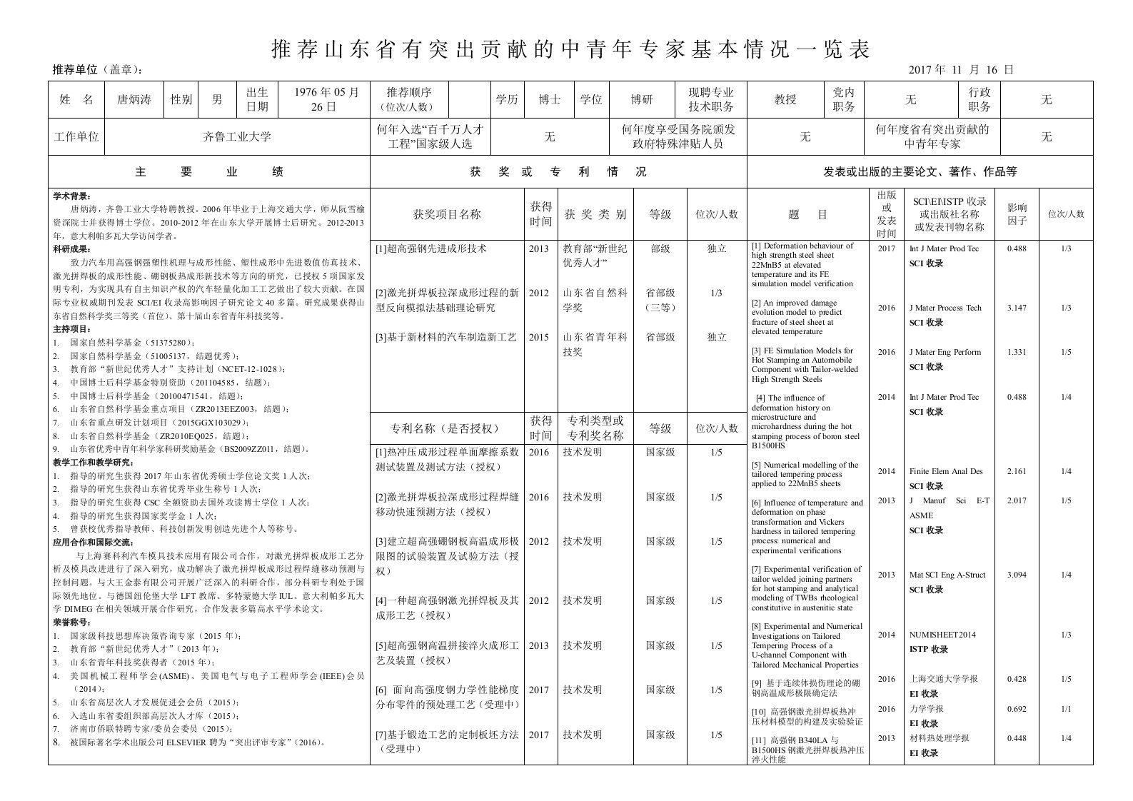 推荐山东省有突出贡献的中青年专家基本情况一览表