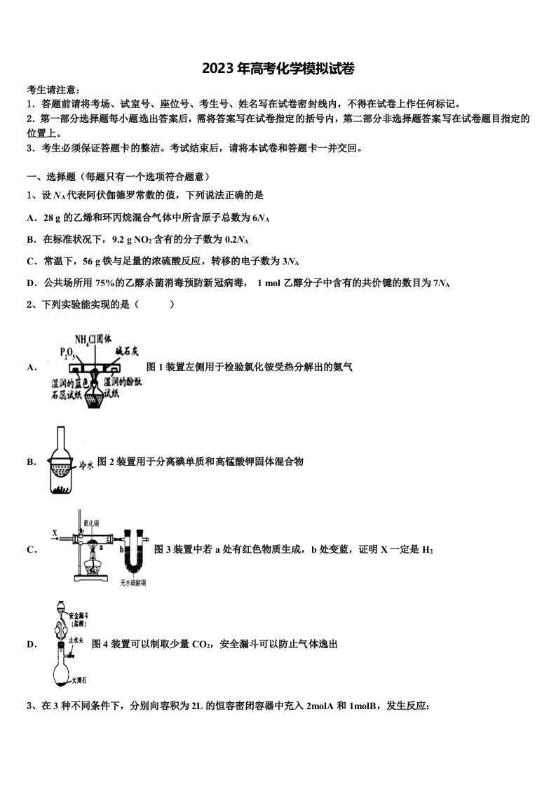 2023届上海市金山区市级名校高三最后一模化学试题含解析