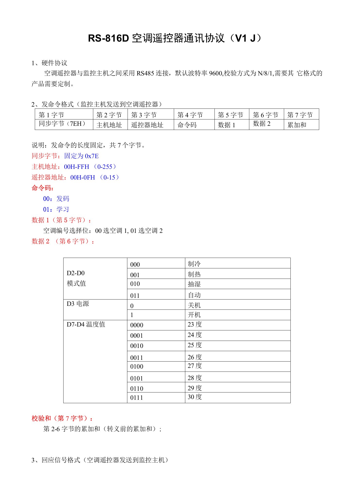 RS-816D空调遥控器通讯协议V1