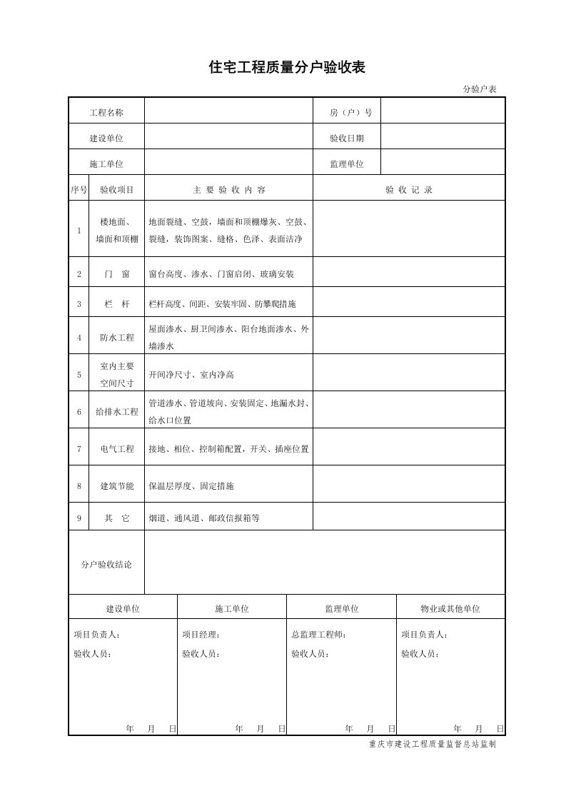 住宅工程质量分户验收表、分户验收记录表