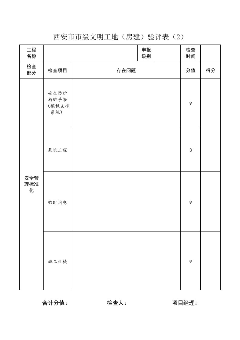 西安级文明工地房建验评表