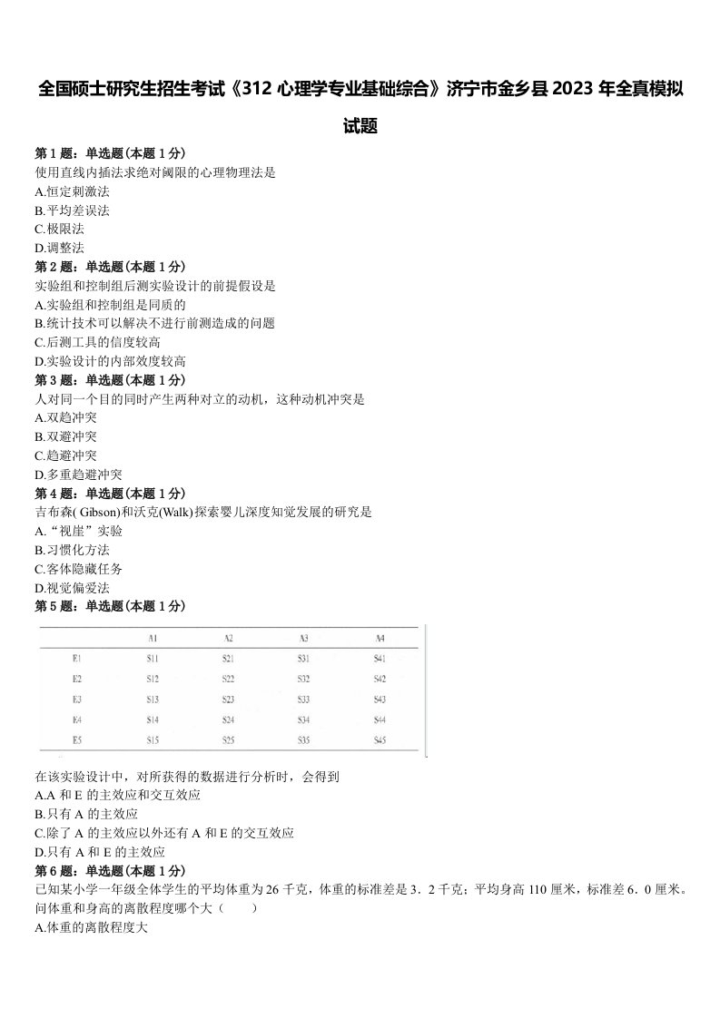 全国硕士研究生招生考试《312心理学专业基础综合》济宁市金乡县2023年全真模拟试题含解析