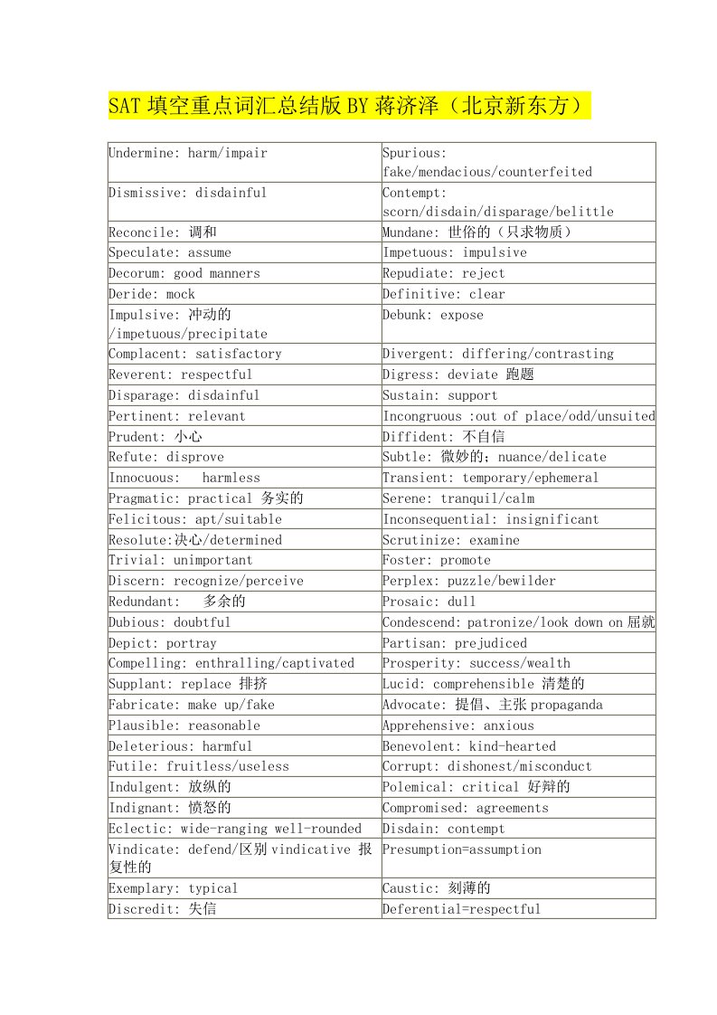 SAT填空重点词汇总结版BY蒋济泽