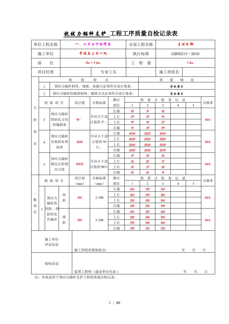 抗拔力锚杆支护工程工序质量自检记录表