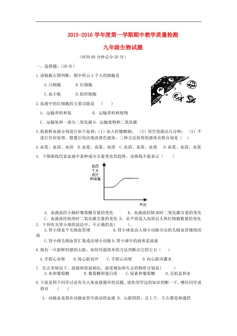 2016届人教版生物九年级上学期期中教学质量试题