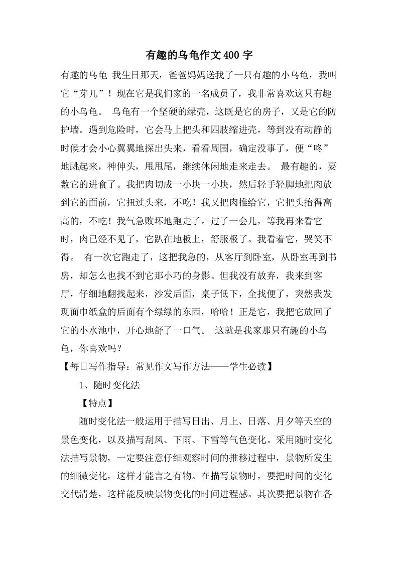 有趣的乌龟作文400字