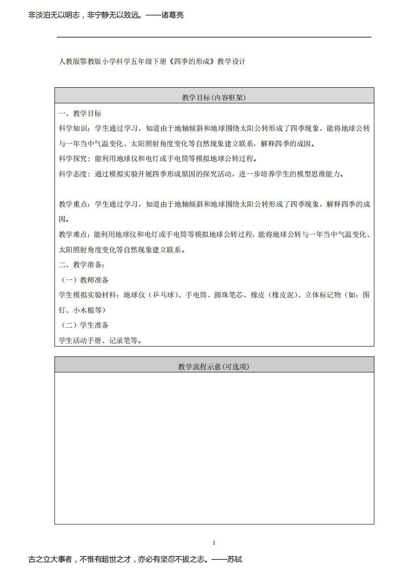 人教版鄂教版小学科学五年级下册《四季的形成》教学设计