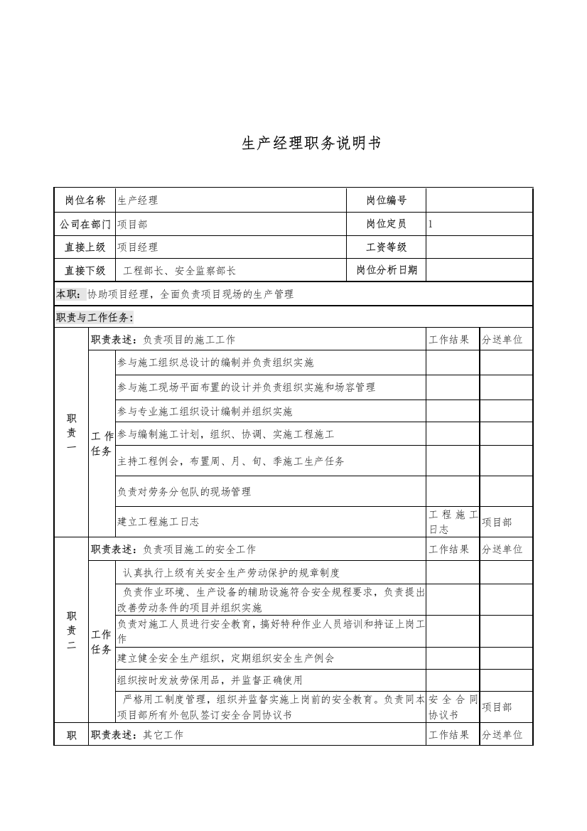 电力公司生产经理岗位说明书