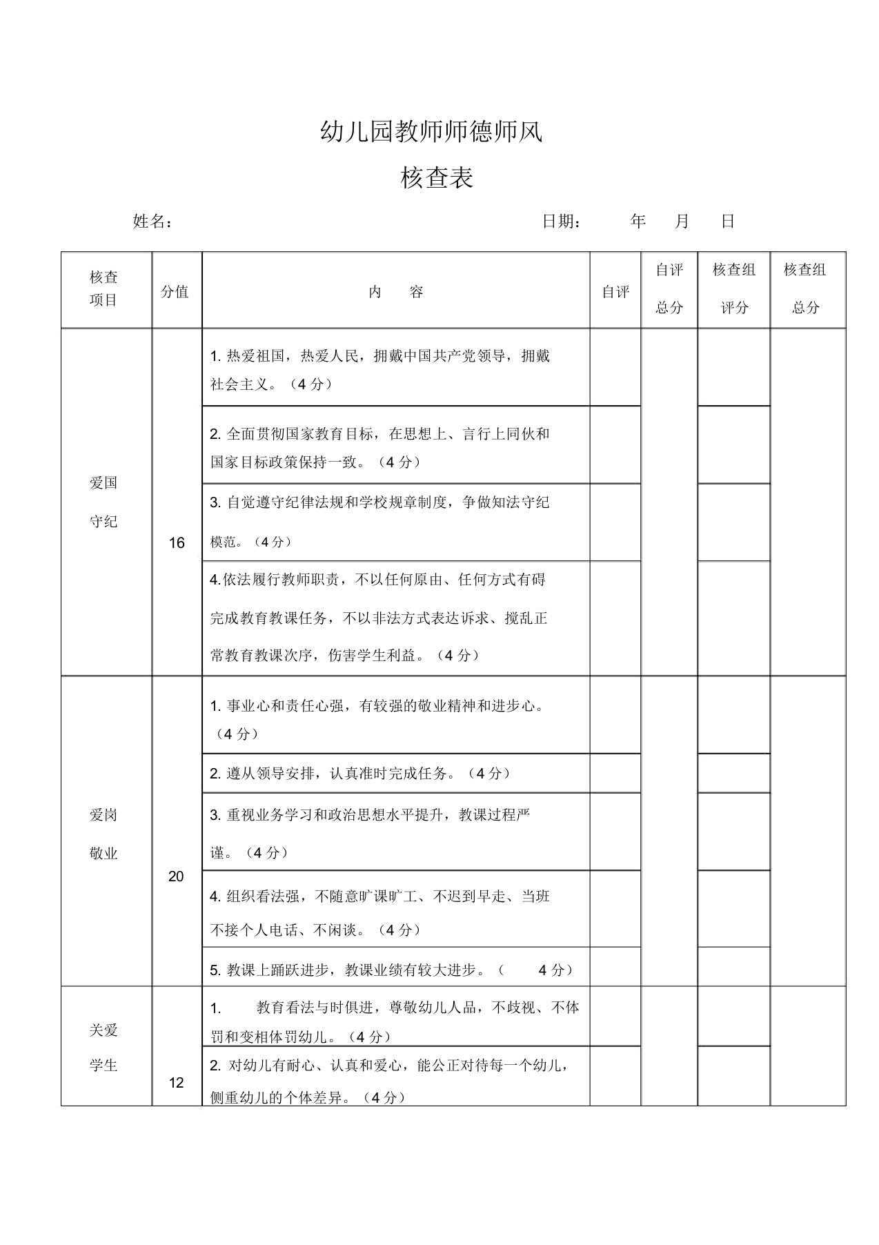 幼儿园教师师德师风考核表