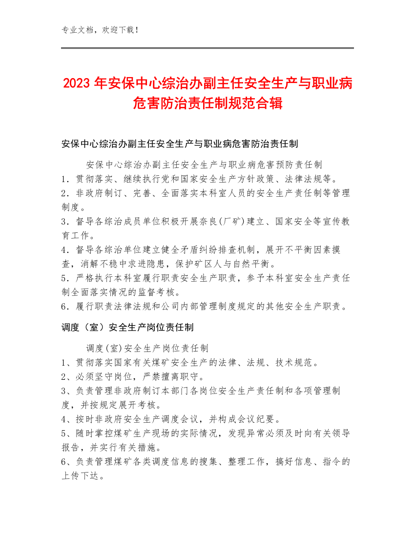 2023年安保中心综治办副主任安全生产与职业病危害防治责任制规范合辑