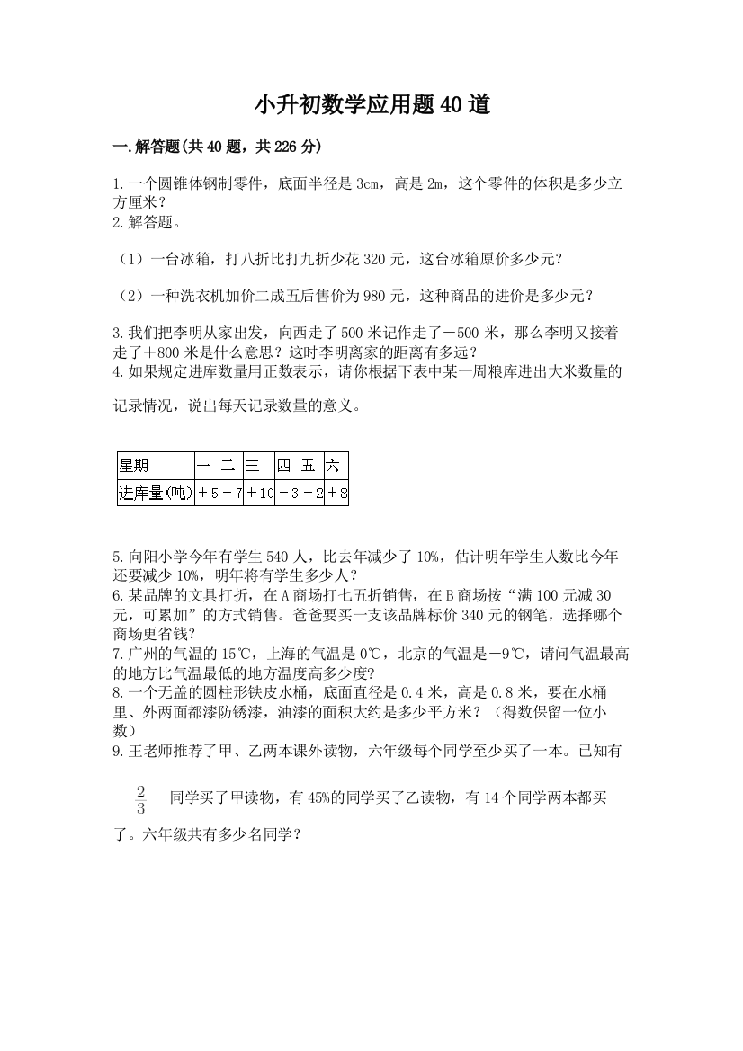 小升初数学应用题40道带答案(综合题)