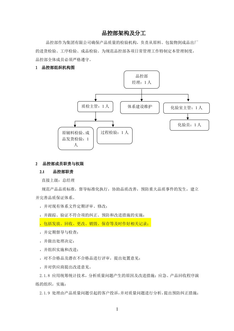 品控部架构及分工