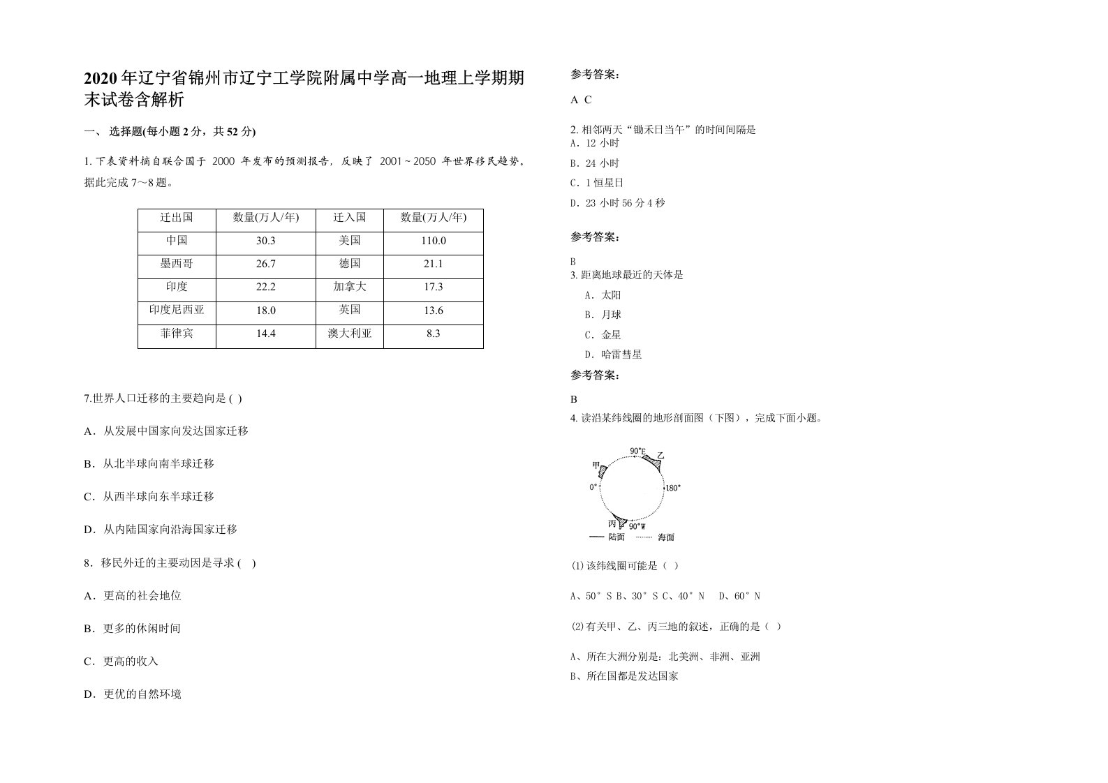 2020年辽宁省锦州市辽宁工学院附属中学高一地理上学期期末试卷含解析