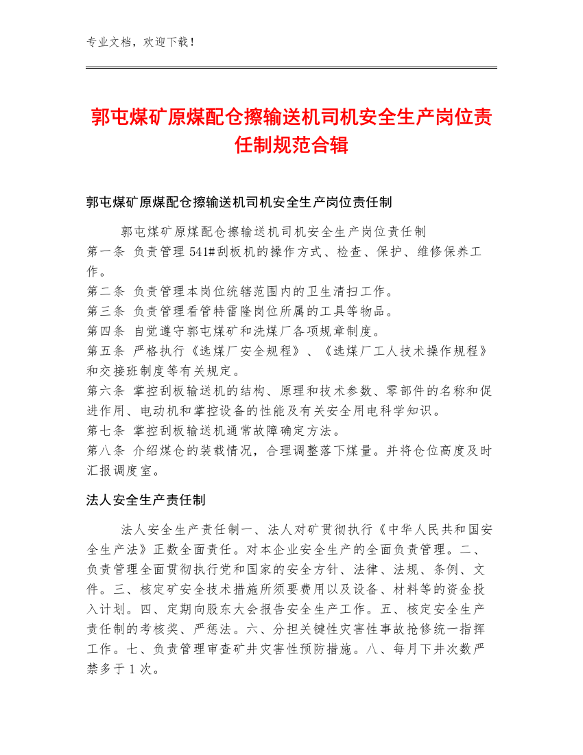 郭屯煤矿原煤配仓擦输送机司机安全生产岗位责任制规范合辑