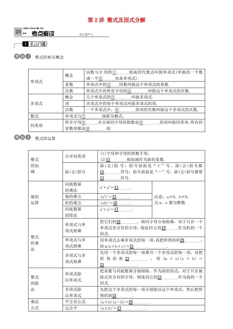 火线100天四川专版2016年中考数学一轮复习第一单元数与式第2讲整式及因式分解