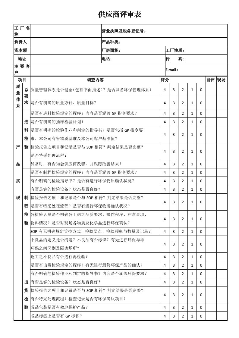 供应商评审表模板