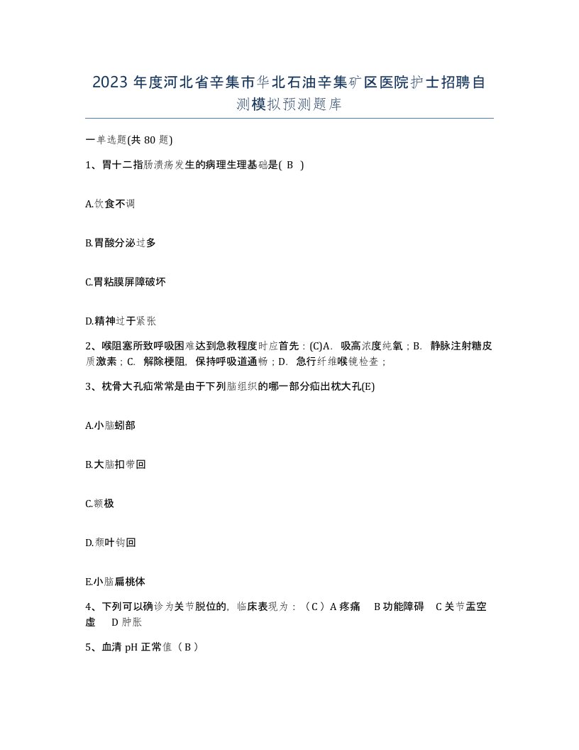 2023年度河北省辛集市华北石油辛集矿区医院护士招聘自测模拟预测题库