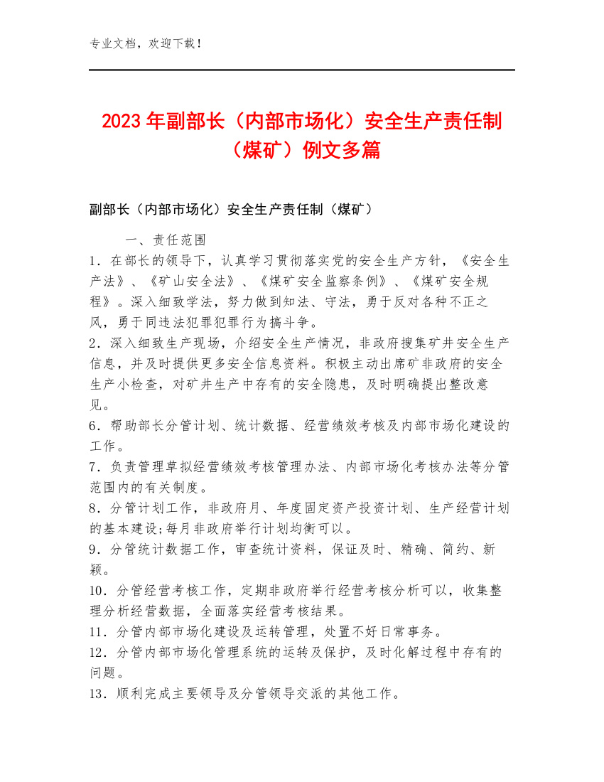 2023年副部长（内部市场化）安全生产责任制（煤矿）例文多篇