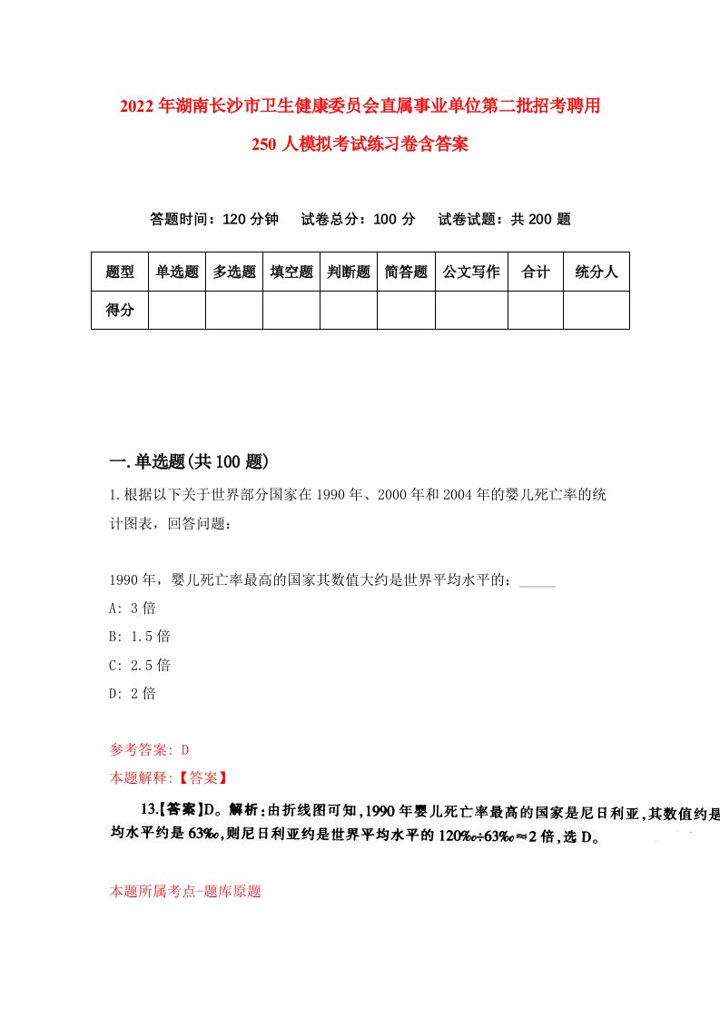 2022年湖南长沙市卫生健康委员会直属事业单位第二批招考聘用250人模拟考试练习卷含答案第9次