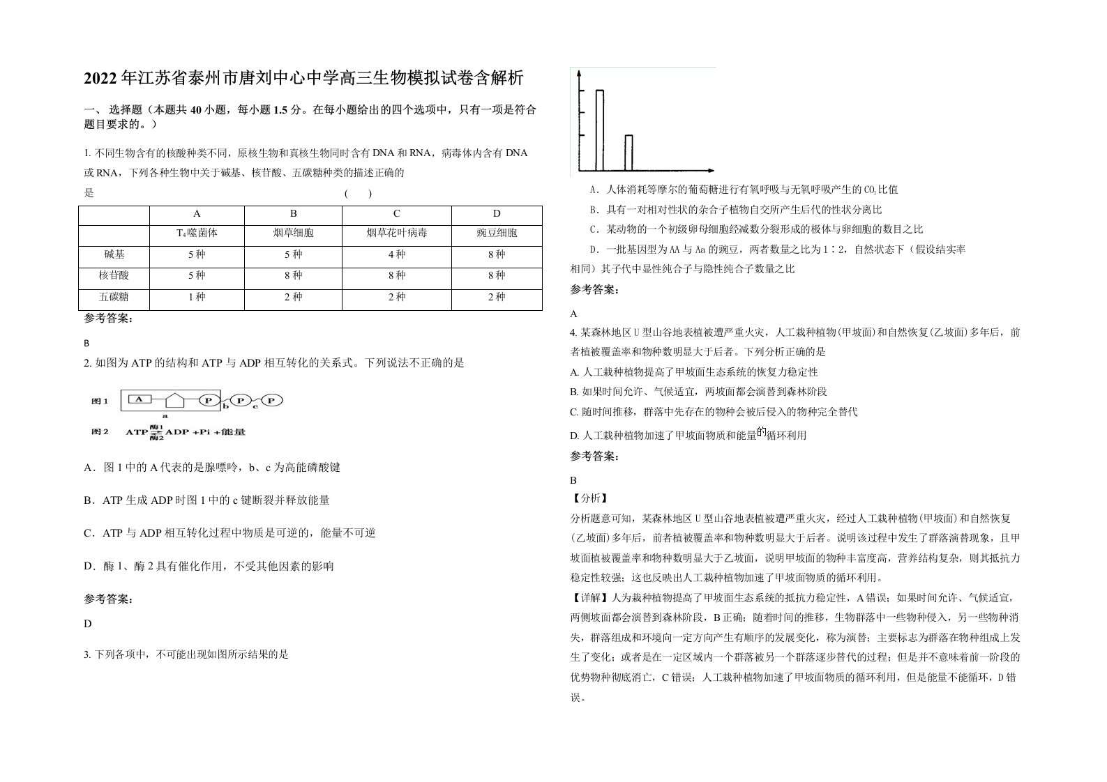 2022年江苏省泰州市唐刘中心中学高三生物模拟试卷含解析