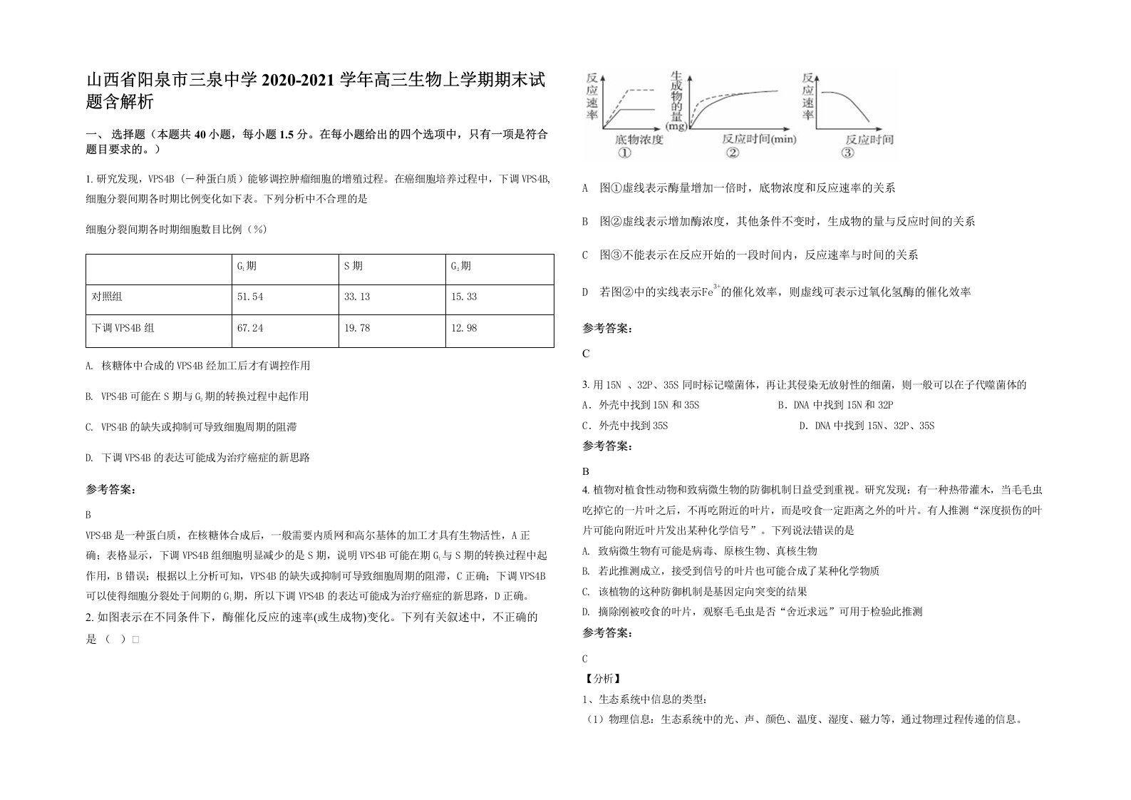 山西省阳泉市三泉中学2020-2021学年高三生物上学期期末试题含解析