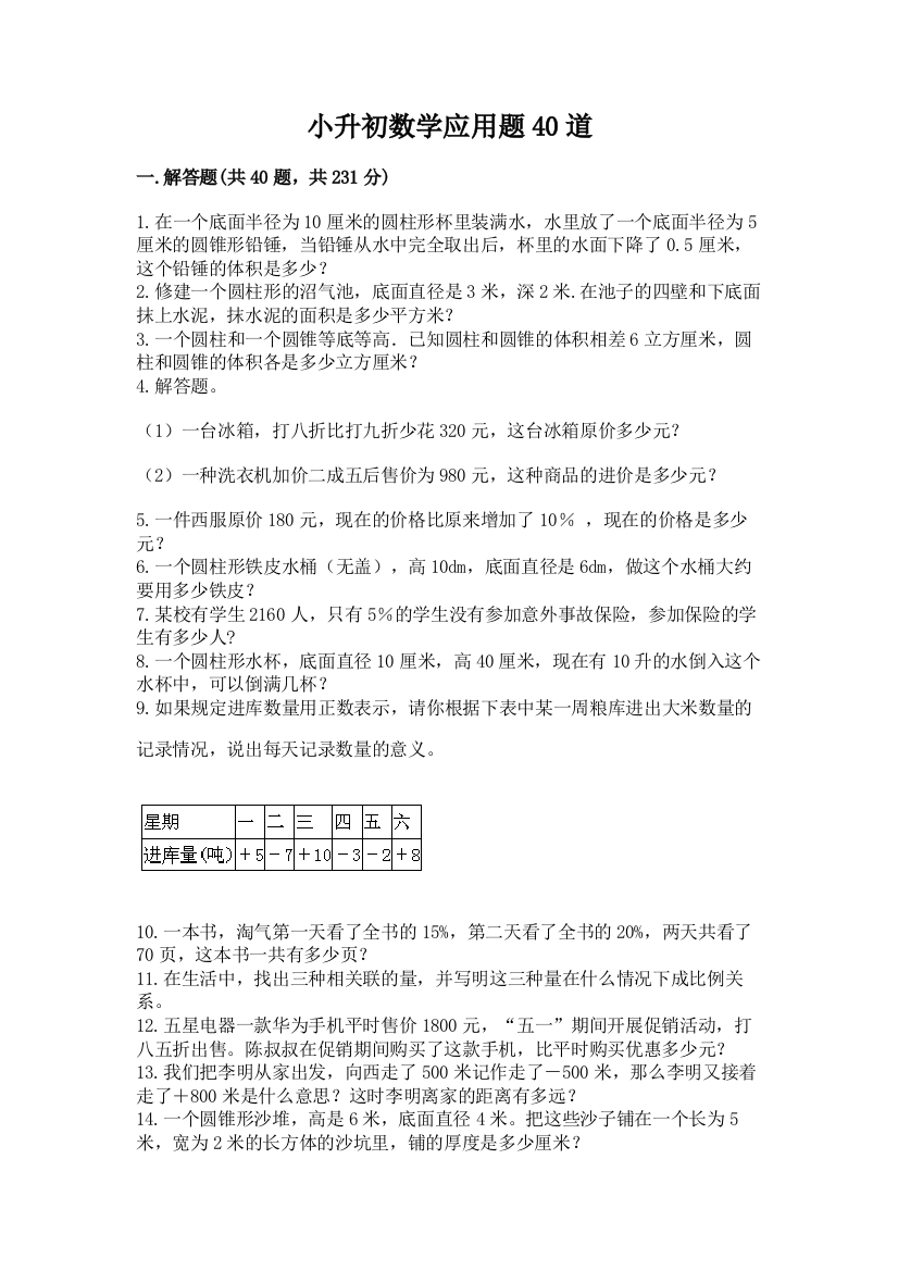 小升初数学应用题40道精品(B卷)