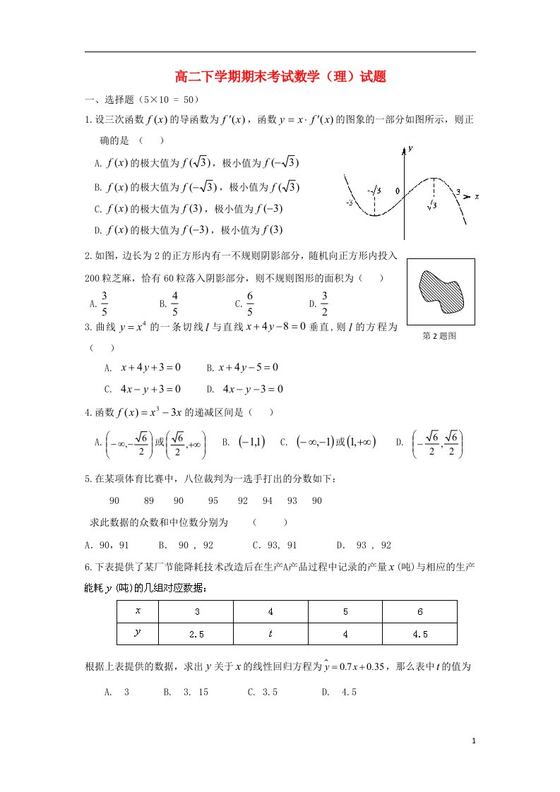 福建省晋江市季延中学高二数学下学期期末考试试题