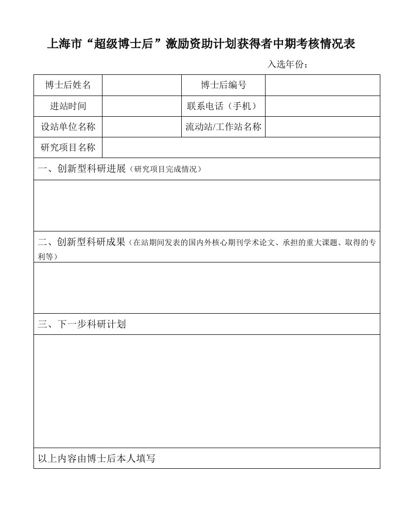 上海超级博士后激励资助计划获得者中期考核情况表